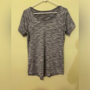 Reebok Women’s Grey/White Striped Short Sleeve V-Neck Top